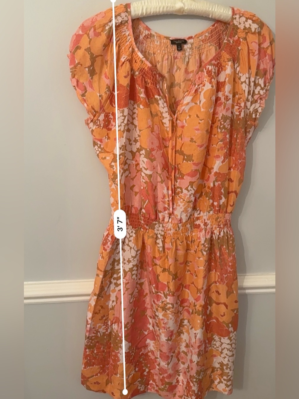 Talbots Silk Floral Dress Orange Pink Smocked Waist Cap Sleeve L - Picture 5 of 10
